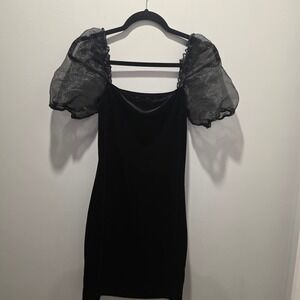 MNG Black Velvet Square Neck Puff Sleeve Mini Dress Size 4